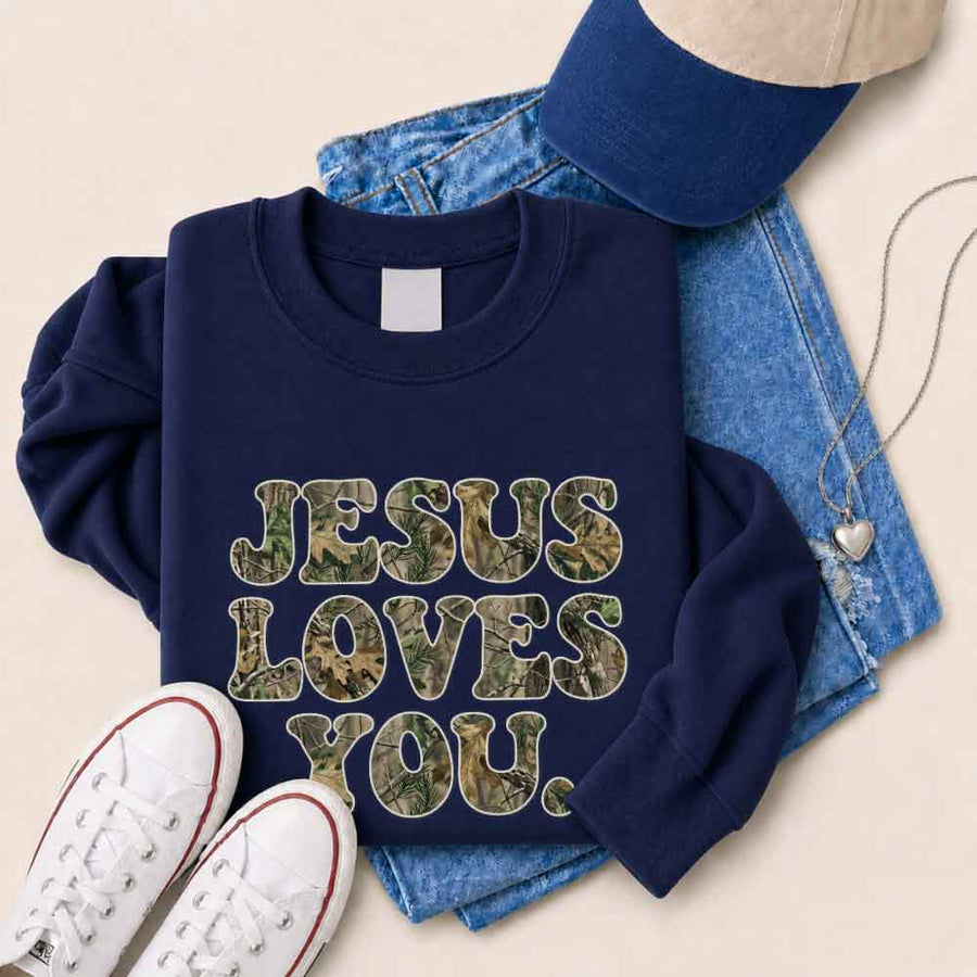 Jesus Loves You Camouflage Sweatshirt - Religious Message Sweatshirt