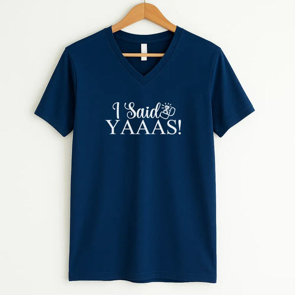 Navy blue t-shirt with 'I Said YAAAS!' text on a white background