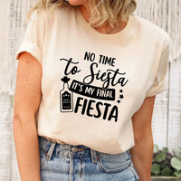 May include Cream Cinco de Mayo T-shirts with “No Time To Siesta It’s My Final Fiesta” text, festive party design, colorful celebration vibe, people enjoying a lively fiesta atmosphere together!