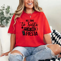 May include Red Cinco de Mayo T-shirts with “No Time To Siesta It’s My Final Fiesta” text, festive party design, colorful celebration vibe, people enjoying a lively fiesta atmosphere together!