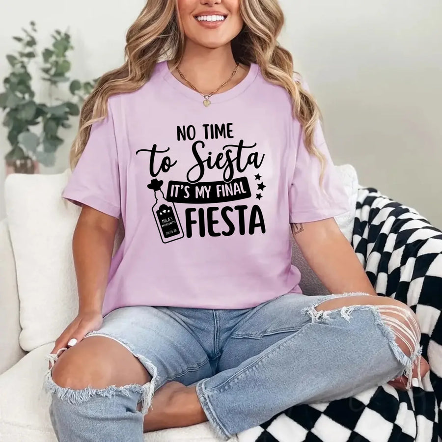 May include Lilac Cinco de Mayo T-shirts with “No Time To Siesta It’s My Final Fiesta” text, festive party design, colorful celebration vibe, people enjoying a lively fiesta atmosphere together!