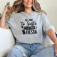 May include Grey Cinco de Mayo T-shirts with “No Time To Siesta It’s My Final Fiesta” text, festive party design, colorful celebration vibe, people enjoying a lively fiesta atmosphere together!
