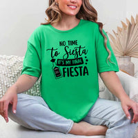 May include Green Cinco de Mayo T-shirts with “No Time To Siesta It’s My Final Fiesta” text, festive party design, colorful celebration vibe, people enjoying a lively fiesta atmosphere together!