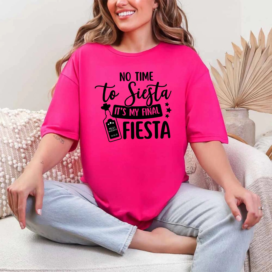 May include Heliconia Cinco de Mayo T-shirts with “No Time To Siesta It’s My Final Fiesta” text, festive party design, colorful celebration vibe, people enjoying a lively fiesta atmosphere together