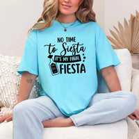 May include Turquoise Cinco de Mayo T-shirts with “No Time To Siesta It’s My Final Fiesta” text, festive party design, colorful celebration vibe, people enjoying a lively fiesta atmosphere together!
