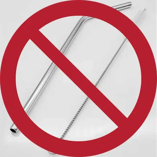 No metal straws symbol with cleaning brush, red prohibition sign on reusable straw