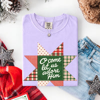 May include an O Come Let Us Adore Him Comfort Colors Christmas T-Shirt featuring a Christian holiday message inspired by a beloved Christmas hymn, designed for church services, family gatherings, worship events, and meaningful seasonal gifting.