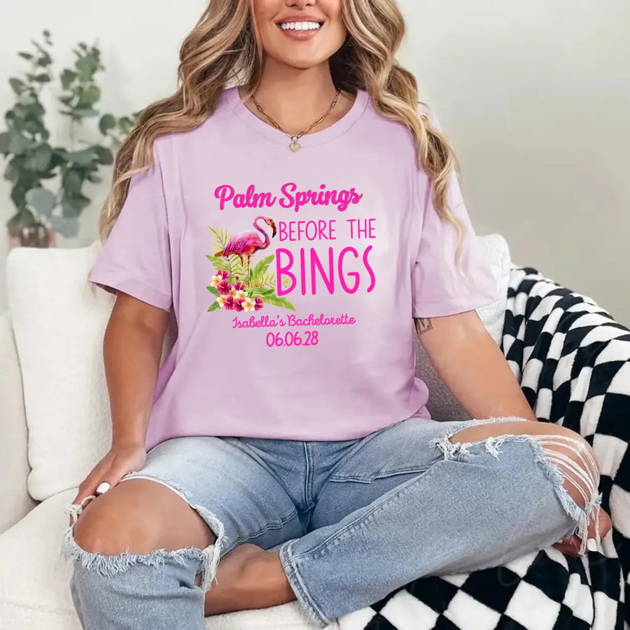 May include Lilac Palm Springs Before the Bings bachelorette party t-shirts with personalized bride squad matching tees for bridal party, wedding celebration, girls trip, and group event outfits.