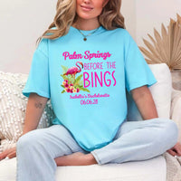 May include Turquoise Palm Springs Before the Bings bachelorette party t-shirts with personalized bride squad matching tees for bridal party, wedding celebration, girls trip, and group event outfits.