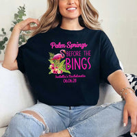 May include Black Palm Springs Before the Bings bachelorette party t-shirts with personalized bride squad matching tees for bridal party, wedding celebration, girls trip, and group event outfits.