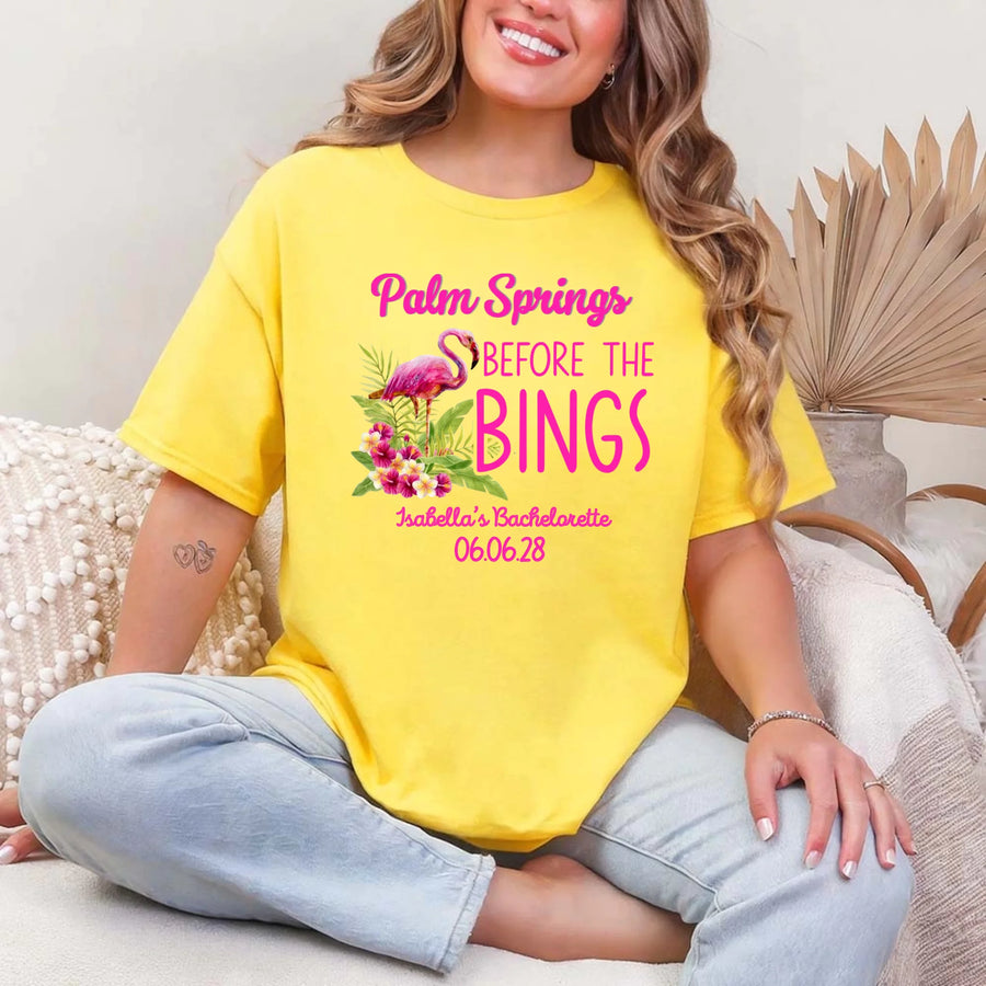 May include Daisy Palm Springs Before the Bings bachelorette party t-shirts with personalized bride squad matching tees for bridal party, wedding celebration, girls trip, and group event outfits.