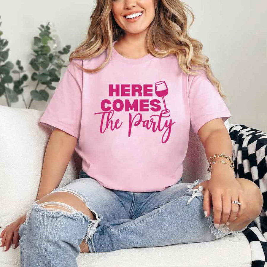 May include Pink Party Time with "Here Comes the Bride - Here Comes the Party" T-Shirt, perfect for bachelorette parties, bridal showers, and fun celebrations!