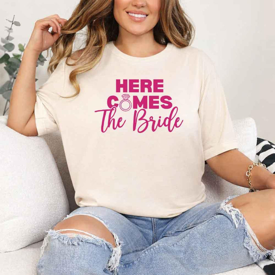 May include Cream Party Time with "Here Comes the Bride - Here Comes the Party" T-Shirt, perfect for bachelorette parties, bridal showers, and fun celebrations!