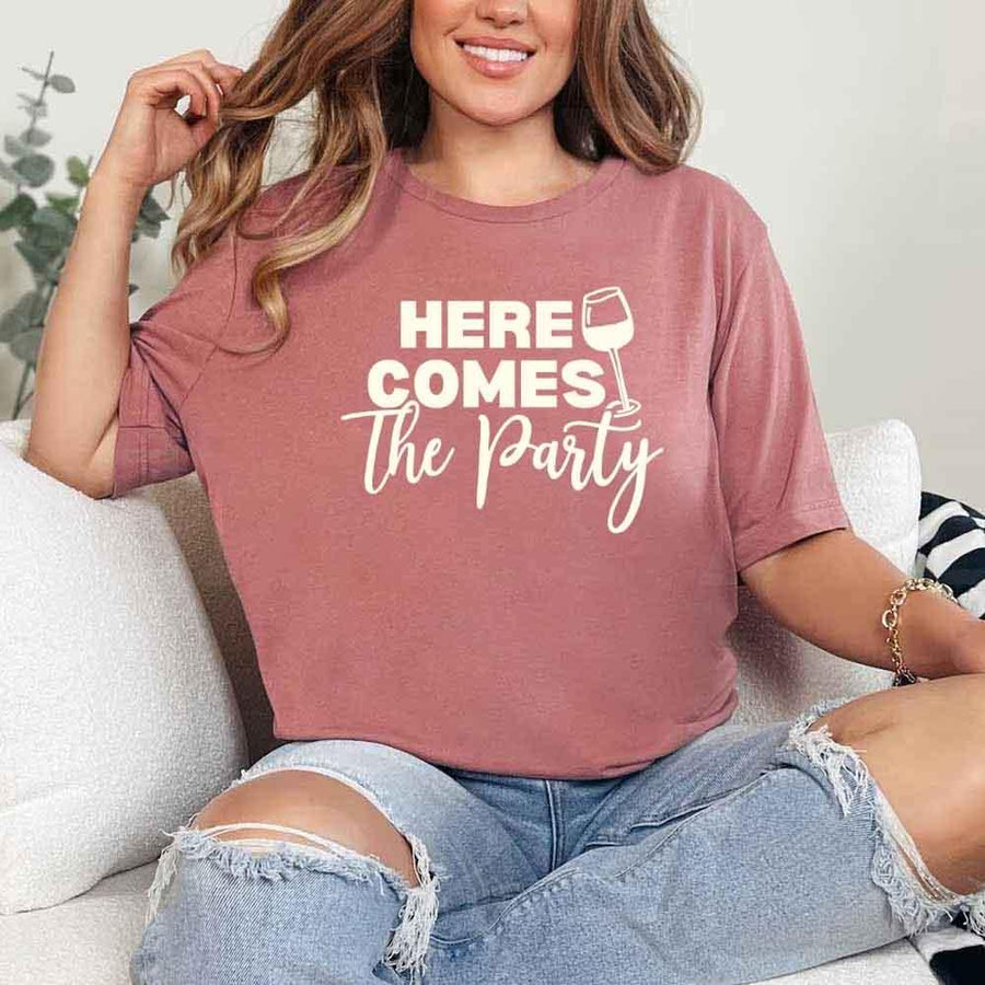 May include Mauve Party Time with "Here Comes the Bride - Here Comes the Party" T-Shirt, perfect for bachelorette parties, bridal showers, and fun celebrations!