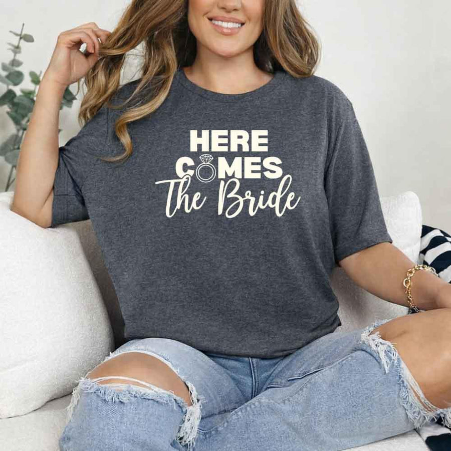 May include Dark Heather Party Time with "Here Comes the Bride - Here Comes the Party" T-Shirt, perfect for bachelorette parties, bridal showers, and fun celebrations!