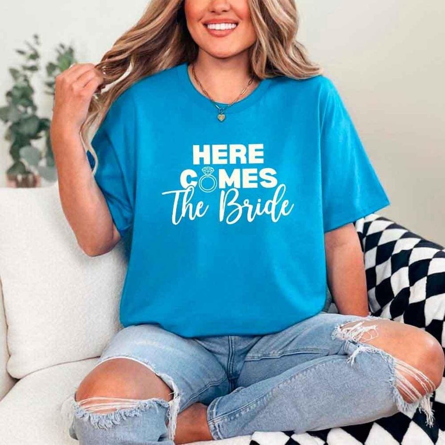 May include Sapphire Party Time with "Here Comes the Bride - Here Comes the Party" T-Shirt, perfect for bachelorette parties, bridal showers, and fun celebrations!