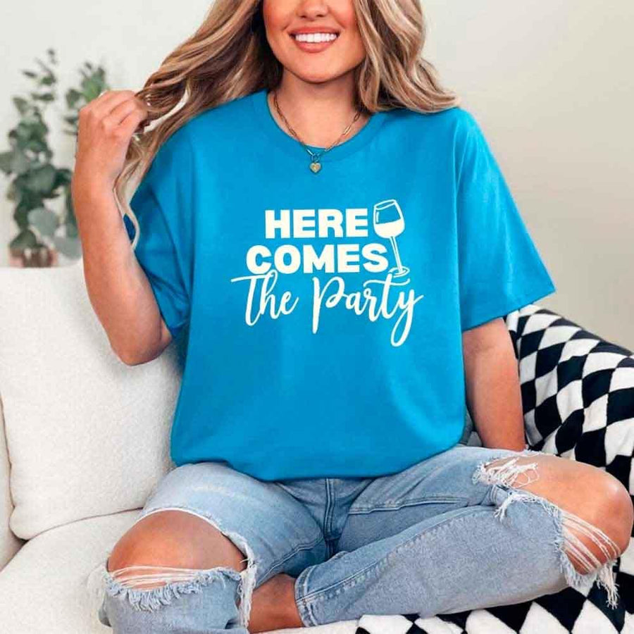 May include Sapphire Party Time with "Here Comes the Bride - Here Comes the Party" T-Shirt, perfect for bachelorette parties, bridal showers, and fun celebrations!
