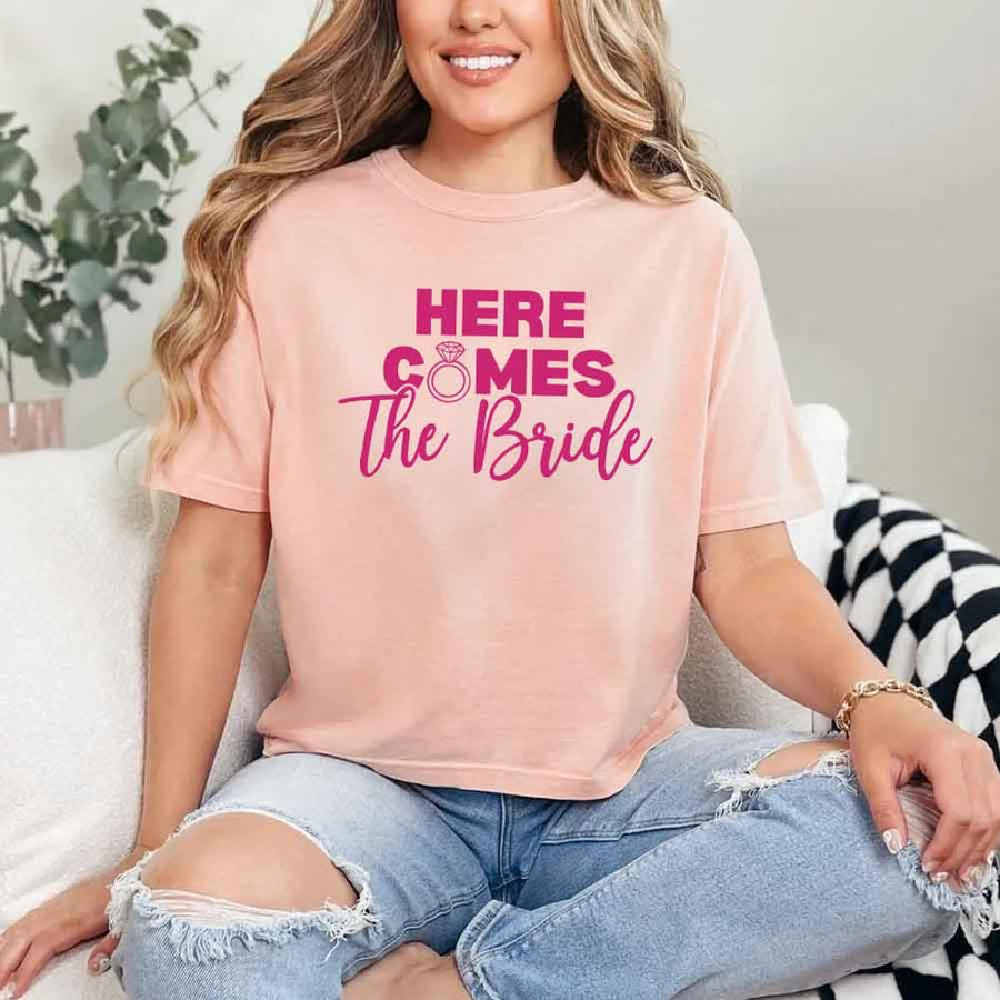 May include Peach Party Time with "Here Comes the Bride - Here Comes the Party" T-Shirt, perfect for bachelorette parties, bridal showers, and fun celebrations!