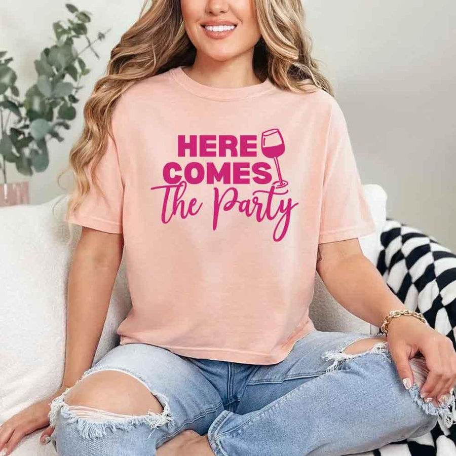 May include Peach Party Time with "Here Comes the Bride - Here Comes the Party" T-Shirt, perfect for bachelorette parties, bridal showers, and fun celebrations!