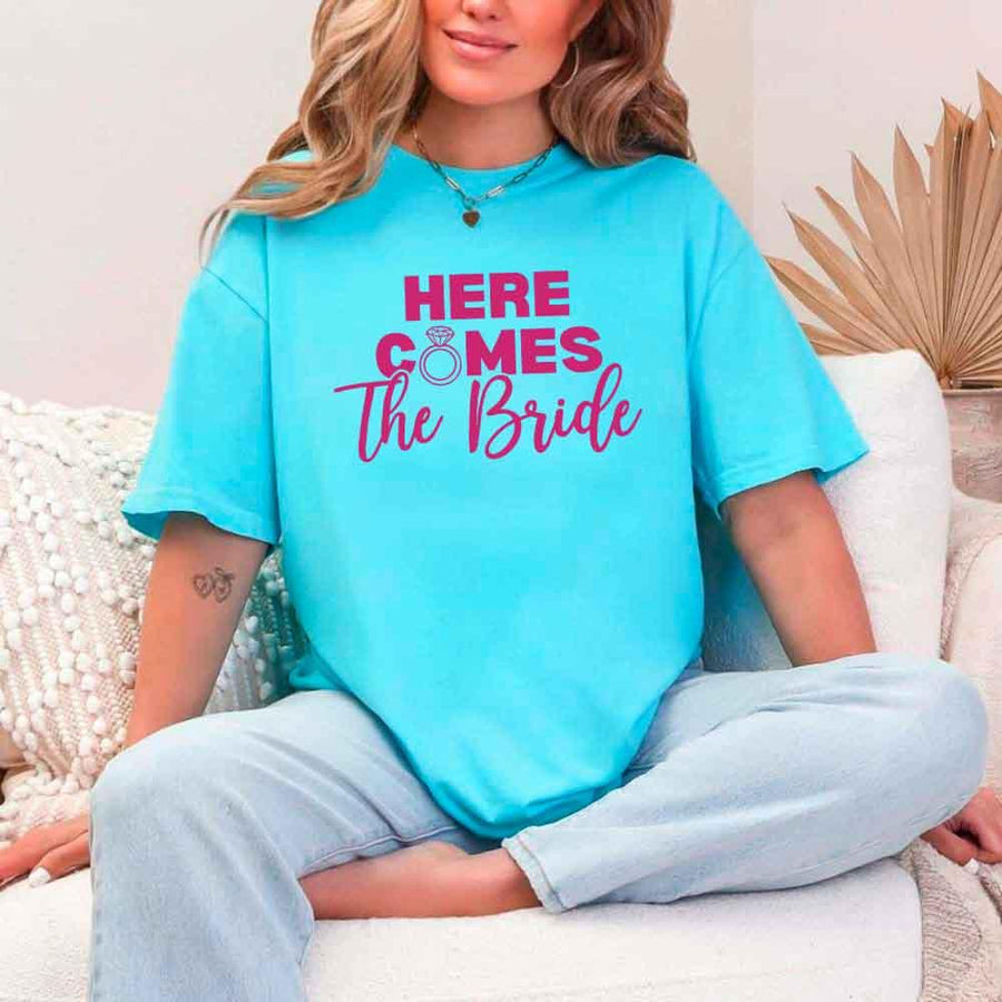 May include Turquoise Party Time with "Here Comes the Bride - Here Comes the Party" T-Shirt, perfect for bachelorette parties, bridal showers, and fun celebrations!