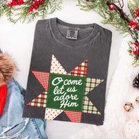 May include an O Come Let Us Adore Him Comfort Colors Christmas T-Shirt featuring a Christian holiday message inspired by a beloved Christmas hymn, designed for church services, family gatherings, worship events, and meaningful seasonal gifting.