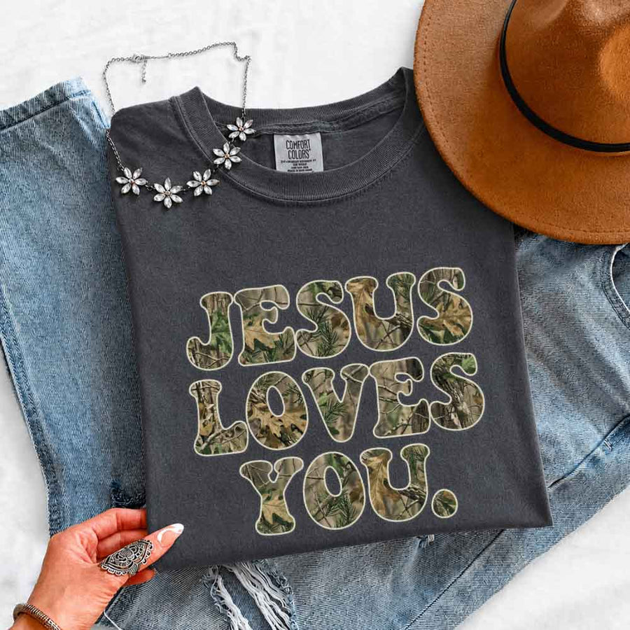 Jesus Loves You Camouflage Comfort Colors - Faith Based Graphic Tee
