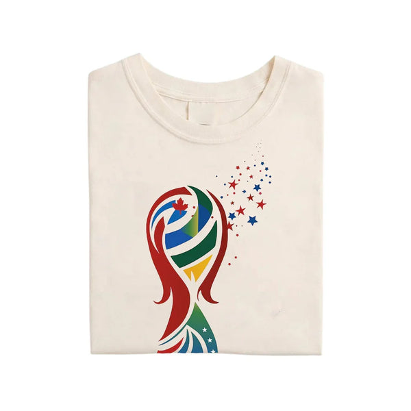 May include a person wearing a cream 2026 World Cup T-shirt featuring bold soccer graphic and relaxed fit.