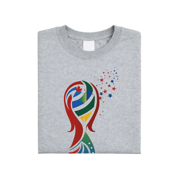 May include a person wearing a gray 2026 World Cup T-shirt featuring bold soccer graphic and relaxed fit.