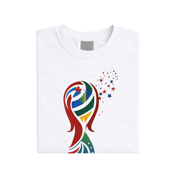 May include a person wearing a white  2026 World Cup T-shirt featuring bold soccer graphic and relaxed fit.