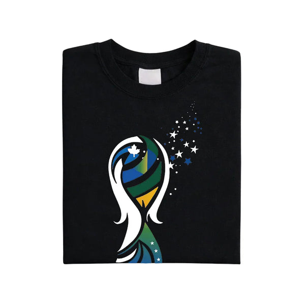 May include a person wearing a black 2026 World Cup T-shirt featuring bold soccer graphic and relaxed fit.