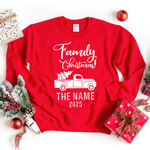 May include personalized Christmas family shirts in tee, hoodie and sweatshirt styles with custom names printed on the front.