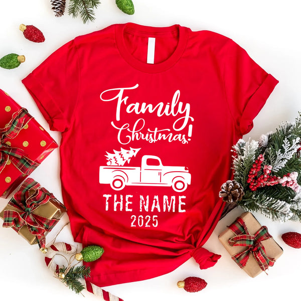 May include personalized Christmas family shirts in tee, hoodie and sweatshirt styles with custom names printed on the front.