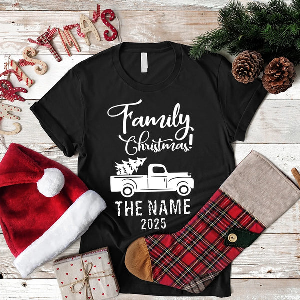 May include personalized Christmas family shirts in tee, hoodie and sweatshirt styles with custom names printed on the front.