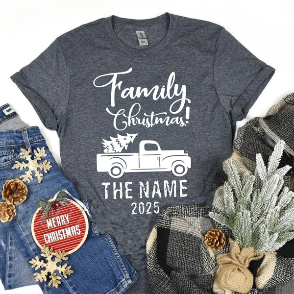 May include personalized Christmas family shirts in tee, hoodie and sweatshirt styles with custom names printed on the front.