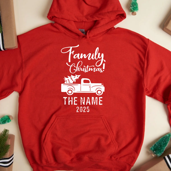 May include personalized Christmas family shirts in tee, hoodie and sweatshirt styles with custom names printed on the front.