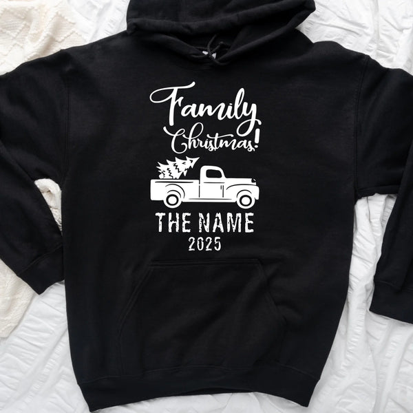 May include personalized Christmas family shirts in tee, hoodie and sweatshirt styles with custom names printed on the front.