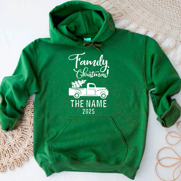 May include personalized Christmas family shirts in tee, hoodie and sweatshirt styles with custom names printed on the front.