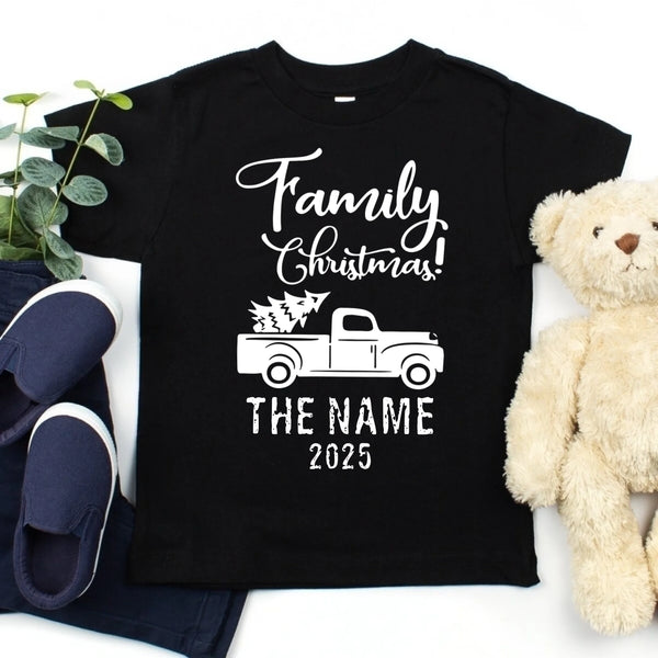 May include personalized Christmas family shirts in tee, hoodie and sweatshirt styles with custom names printed on the front.