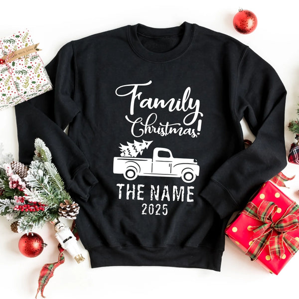 May include personalized Christmas family shirts in tee, hoodie and sweatshirt styles with custom names printed on the front.