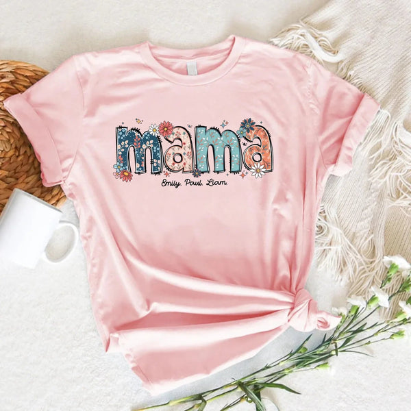 Custom Mama Tee – Kids’ Names with Floral Mama Text pink