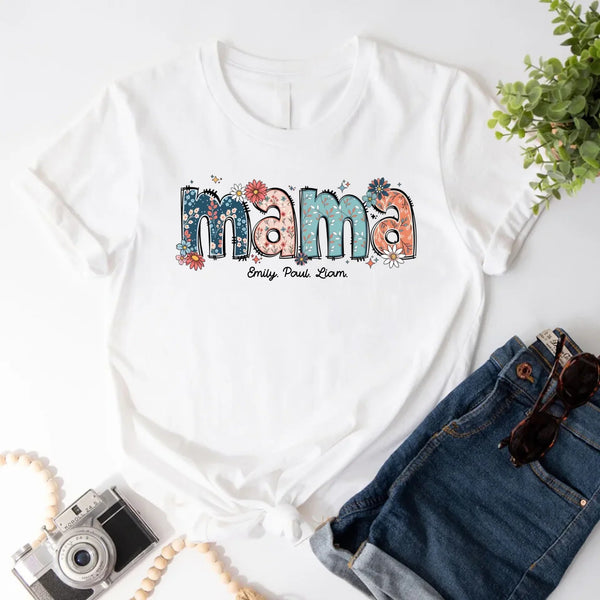 Custom Mama Tee – Kids’ Names with Floral Mama Text WHITE