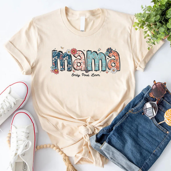 Custom Mama Tee – Kids’ Names with Floral Mama Text softcream
