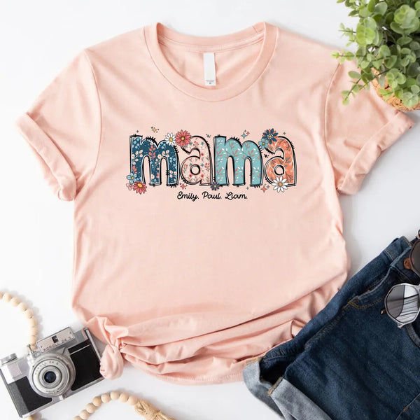 Custom Mama Tee – Kids’ Names with Floral Mama Text PEACH