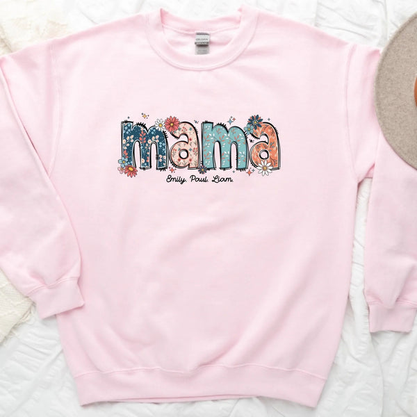 Custom Mama Sweatshirt – Kids’ Names with Floral Mama Text pink