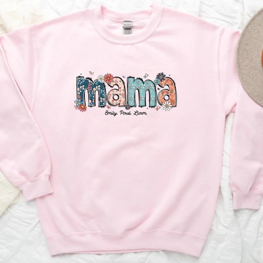 Custom Mama Sweatshirt – Kids’ Names with Floral Mama Text pink