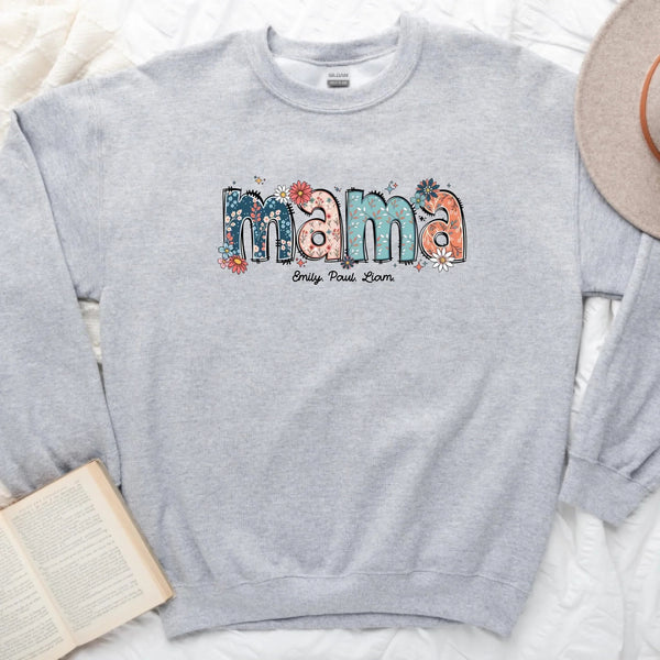 Custom Mama Sweatshirt – Kids’ Names with Floral Mama Text gray