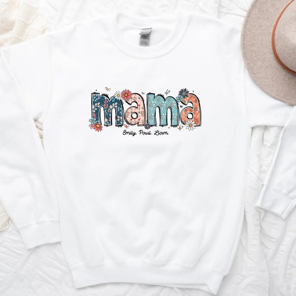 Custom Mama Sweatshirt – Kids’ Names with Floral Mama Text 4