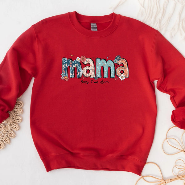 Custom Mama Sweatshirt – Kids’ Names with Floral Mama Text red