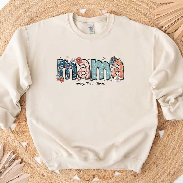 Custom Mama Sweatshirt – Kids’ Names with Floral Mama Text 6