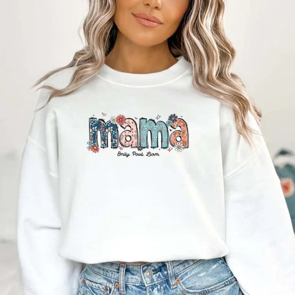 Personalized Mama Floral Sweatshirts With Names sweatshirt model mockup white